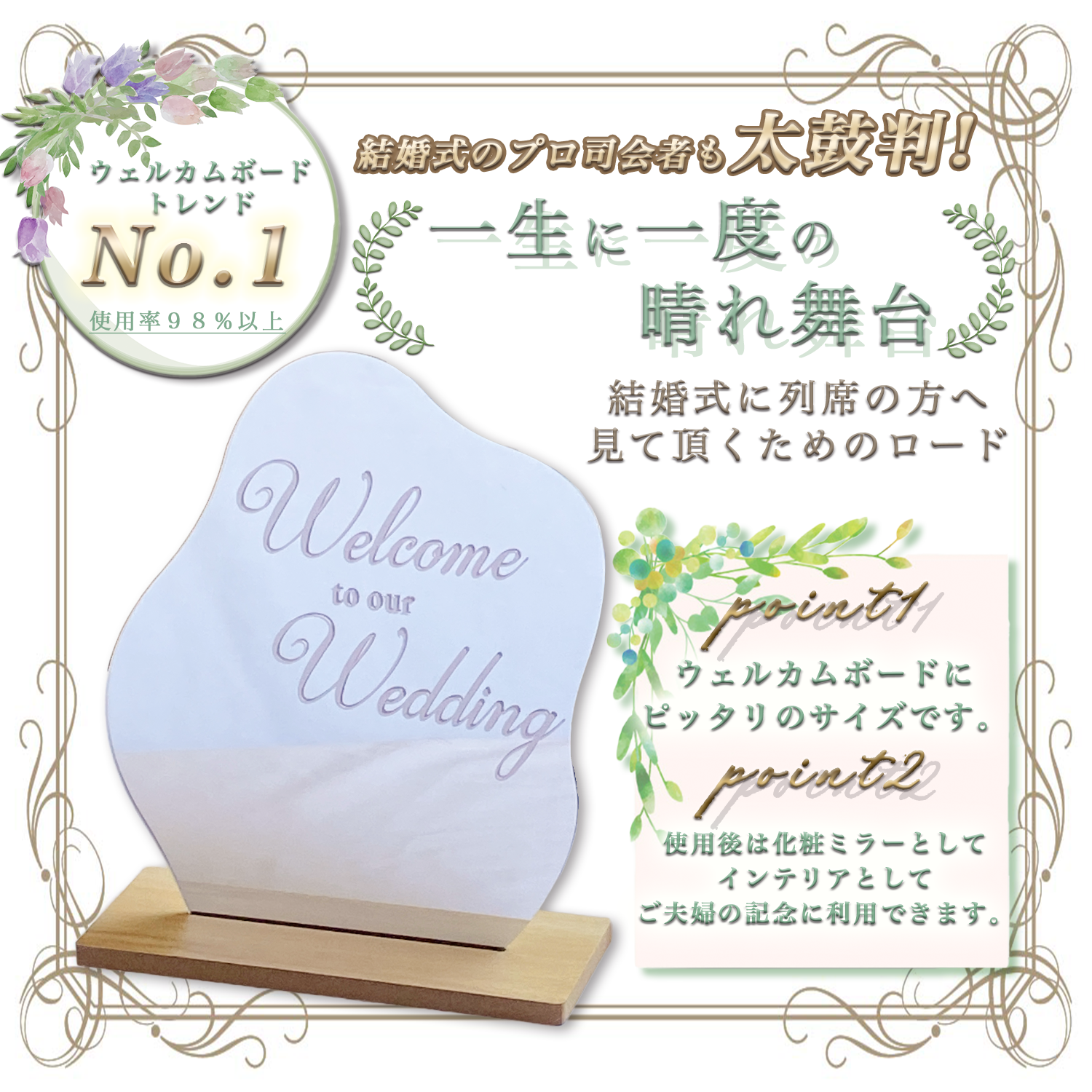 【limande】 ウェルカムボード 結婚式 ウェルカムスペース ウェーブミラー シール2枚付 ウェルカムボード アレンジ可能 化粧ミラー 記念品 - 画像 (2)