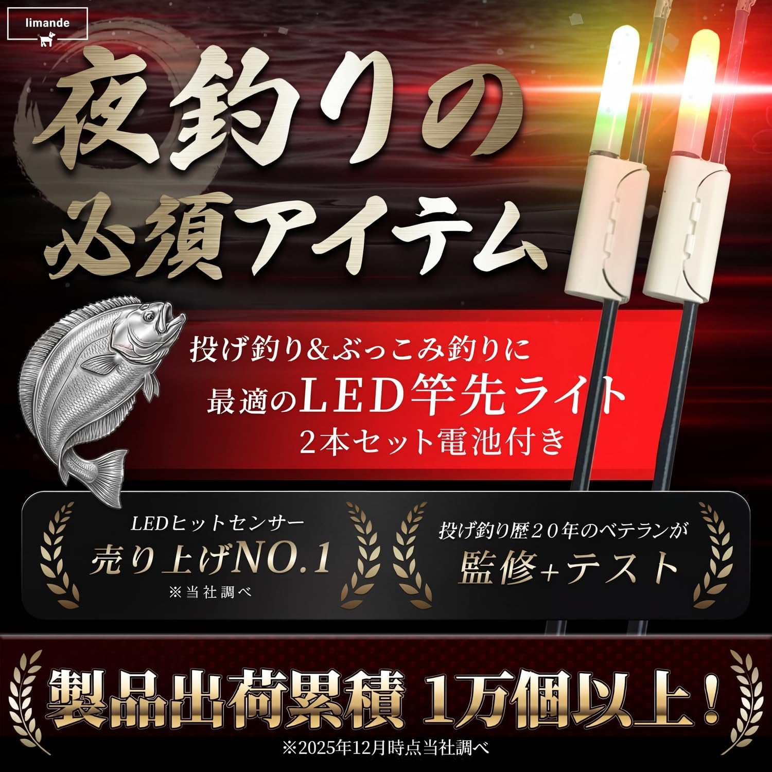 【limande】 竿先ライト 穂先ライト ヒットセンサー 5本セット 電池付 夜釣り LED 防水 抜け防止 CR425 フィッシングセンサー - 画像 (2)
